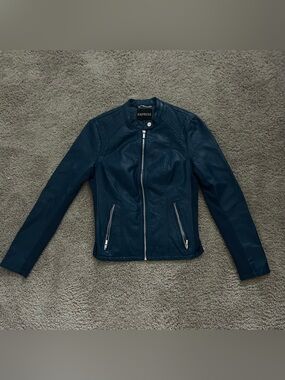 Express Navy Faux-Leather Zip-Up Moto Jacket